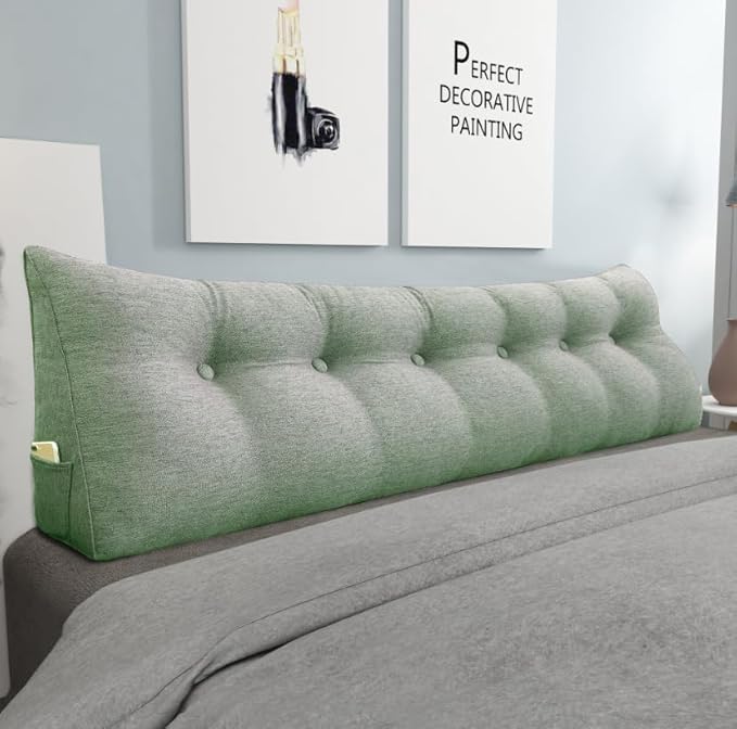 14 lbs Thickened Headboard Pillow Wedge Pillow Headboard Reading Pillow Bed for Backrest Reading Triangular Pillow with Side Pocket for Sitting in Bed Cotton Linen Green King