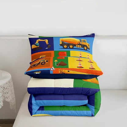 Cartoon Car Kids Comforter Set Full Size Excavator Tractor Truck Bedding 3pcs Boys Teens Bedroom Decor Construction Vehicles Quilted Duvet Colorful Patchwork Plaid Insert,2 Pillowcases