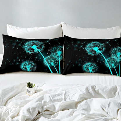 Dandelion Comforter Set King Size, Green Blue Glowing Botanical Theme Bedding Comforters with 2 Pillowcases, Natural Bohemian Style Microfiber Polyester Quilt Set for Girls Teens Bedroom Decor