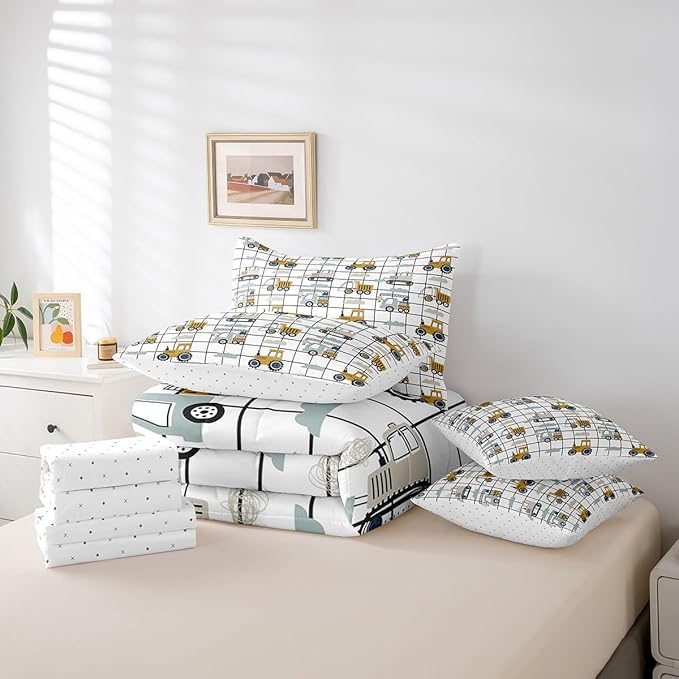 Feelyou Construction Truck Comforter Set with Sheets 7 Piece Twin Size Kids Machinery Truck Excavators Vehicles Bedding Set Cartoon Tractor Bed in a Bag Excavator Tractor Plaid Grid White Bed Set