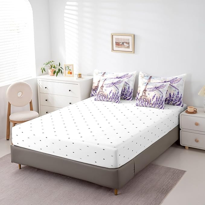 Feelyou Eiffel Tower King Size Comforter Set with Sheets Paris 7 Piece Bedding Set for Kids Girls Teens Toddler Purple Dragonfly Bed in a Bag Romantic Art Bed Set