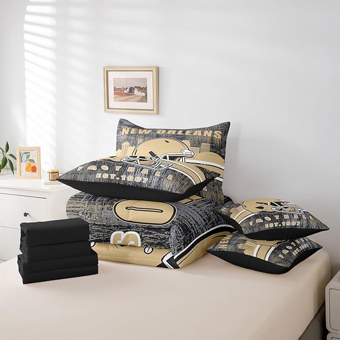 Erosebridal Classic Football City Sports Bedding Set for Boys Men Women Gridiron Bed in A Bag,Rugby Decor City Silhouette Comforter Sets with Sheets Retro Grunge Brown Bed Set Full