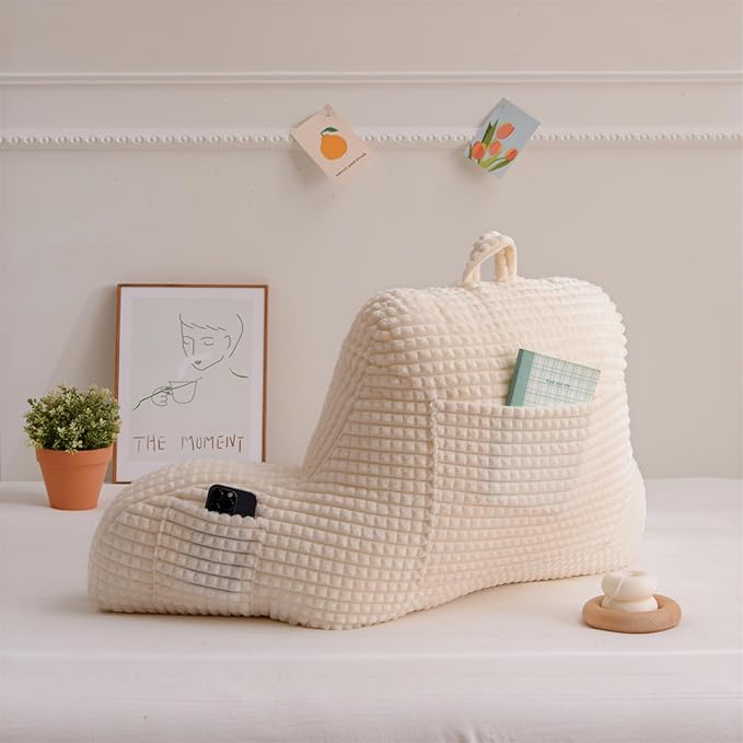 Holawakaka Adults Reading Pillow with Arms, Backrest Reading & Rest Pillows for Sitting Up in Bed, Bed Rest, Lounging, Working on Laptop,Arms Back Support Cushion for Men Women Teens, Ivory
