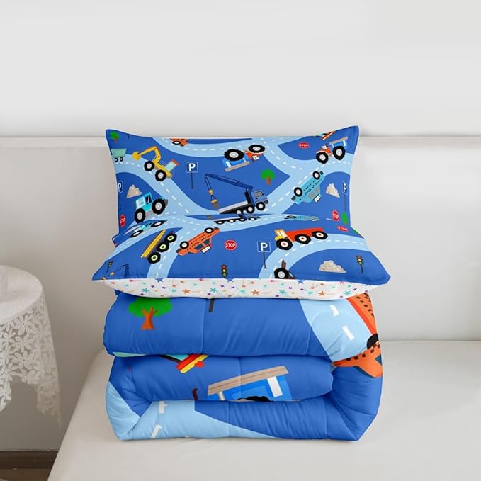 Feelyou Construction Comforter Set Toddler Size Equipment Trucks Bedding Set for Kids Boys Girls Excavator Tractor Duvet Quilt Construction Vehicles Bedroom Decor Yellow Red2 Pcs with 1 Pillow Cases