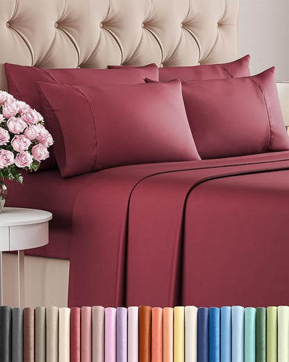 Cal King 6 Piece Sheet Set - Comfy Breathable & Cooling - Ultra-Soft Hotel Luxury Bedding Set w/ 8-16 Inch Deep Pockets - 1 Flat & 1 Fitted Sheet & 4 Pillowcases - Wrinkle Free & Easy Care - Burgundy