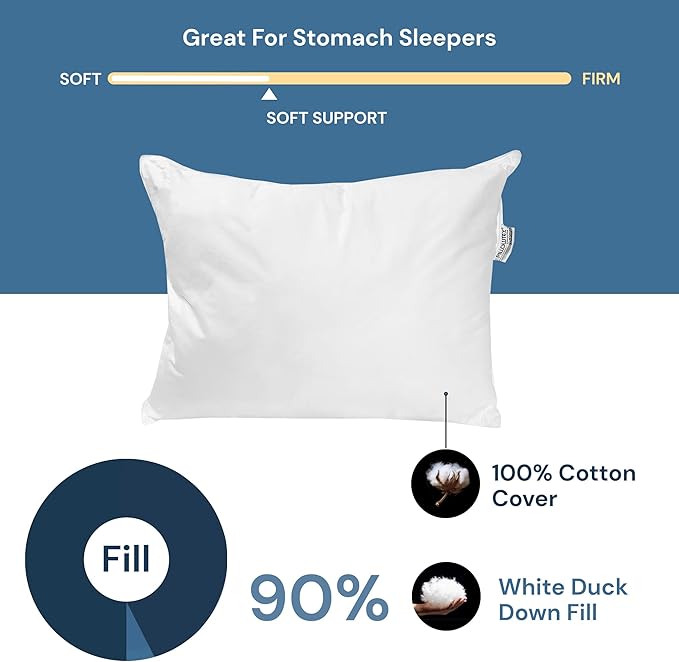 Extra Soft Down Pillow - Great for Stomach Sleepers Pillow - Very Flat - Bed Pillow - White Duck Down - King Size