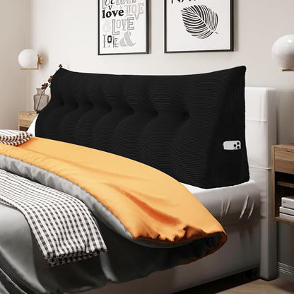 WOWMAX 100% Cotton Corduroy Headboard Pillow – King Size Back Support Reading Wedge for Bed & Daybed, Plush Handmade Bolster Cushion with Removable Cover, Cozy Bed Rest Pillow, Black
