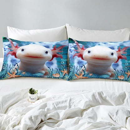 Cute Axolotl Duvet Cover Set King Size,Seaweed Coral Conch Comforter Cover with 2 Pillowcases Bedspread,Sea Creatures Theme Microfiber Quilt Cover for Adult Women, 3 Pieces