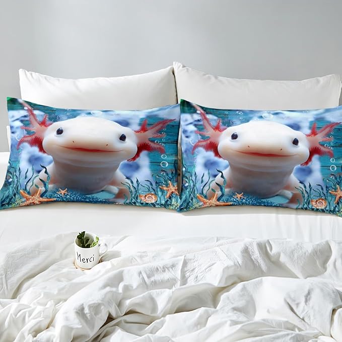 Cute Axolotl Duvet Cover Queen for Children,Seaweed Coral Conch Bedding Set Room Decor Gift Comforter Cover,Sea Creatures Theme Quilt Cover with 2 Pillowcases, 3 Pieces, Soft