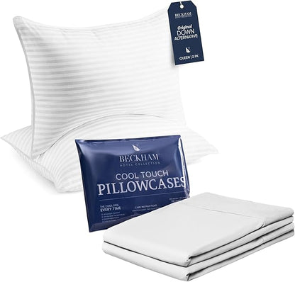 Beckham Hotel Collection Bed Pillows with Cooling Pillowcases for Hot Sleepers, Queen Size Sets of 2, Soft Down Alternative Pillow for Sleeping, Envelope Cases, White