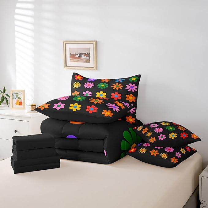 Feelyou Cute Flower 7 Piece Bedding Set King Size Colorful Flower Comforter Set with Sheets for Kids Boys Girls Black Colorful Bed in a Bag Kawaii Theme Bed Set