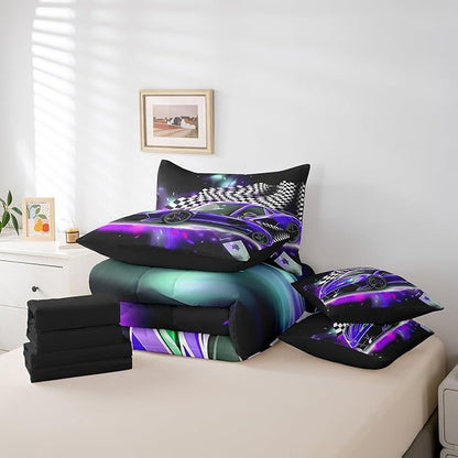 Feelyou Purple Racing Car 7 Piece Bedding Set King Size Extreme Sport Comforter Set with Sheets for Kids Boys Girls Teens Toddler Fast and Furious Bed in a Bag Black White Flag Bed Set