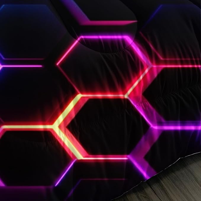 Hexagon Geometric Comforter Set Honeycomb Bedding Sets,Blue Neon Gamer Comforter Sets for Boys Men Kids Room Decor,Twin Size Bedding Comforter Sets with 2 Pillowcases.