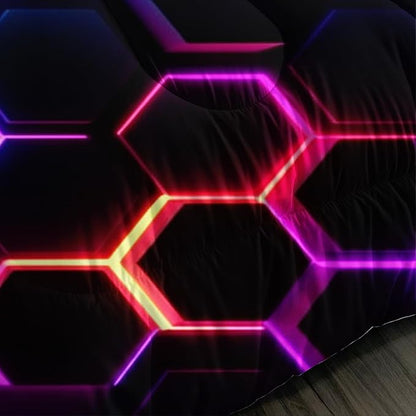 Hexagon Geometric Comforter Set Honeycomb Bedding Sets,Blue Neon Gamer Comforter Sets for Boys Men Kids Room Decor,King Size Bedding Comforter Sets with 2 Pillowcases.