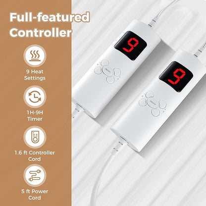 DORTALA Heated Mattress Pad Queen, Dual Control Electric Mattress Pad Bed Warmer with 9 Heat Settings & 9H Auto Shut-Off, Overheat Protection, Fit Up to 10", Machine Washable, 80" x 60", White