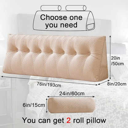 Velvet Triangular Headboard Wedge Pillow With Roll Pillow,Removable Cover Headboard Pillow Daybed Bunk Bed,Backrest Positioning Support Pillow Resting Reading Relaxing (Beige, King(76 * 20 * 8in))