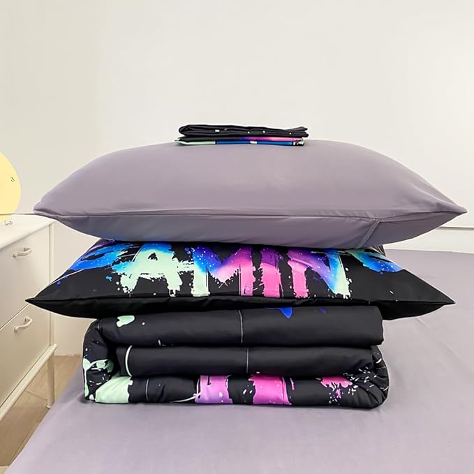 Wajade Gaming Comforter Set Twin Size Bed in a Bag for Boys and Girls, 7 Pieces Kids 3D Video Game Controller Printed Bedding Set Includes Comforter, Flat Sheet, Fitted Sheet, Two Pillowcases & Shams