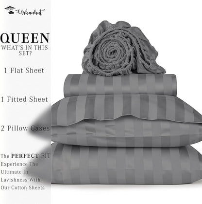 URBANHUT 1000 Thread Count Egyptian Cotton Sheets Damask Striped Queen Size, Long Staple Soft & Breathable, 4 Pc Bed Sheet Sets, Luxury Hotel Sateen Sheets Fits 16" Deep Pocket - Dark Grey