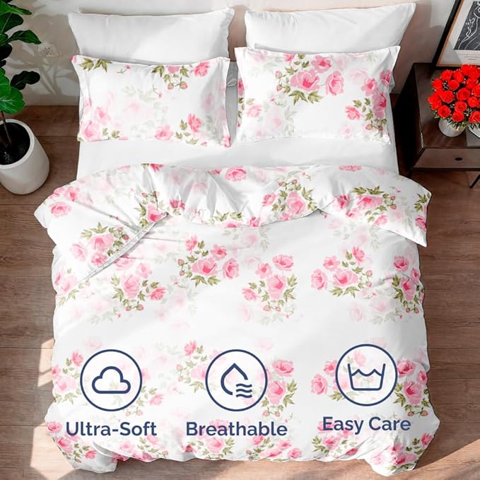 Duvet Cover Full Size Set - Extra Soft Floral Duvet Cover 80 x 90 with 2 Pillow Shams - Comfy, Breathable Floral Bedding Set - Hotel Luxury Easy-Care and Fade Free with Zipper Closures & Ties - Bloom