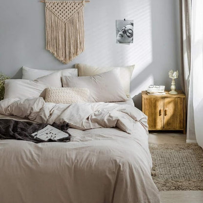 Beige Duvet Cover Queen, 100% Washed Cotton Linen Like Textured Solid Color Casual Modern Style Beige Bedding Set, with Zipper Closure, Luxury Soft Relaxed Feel Natural Wrinkled Comfy (3pcs, Queen)