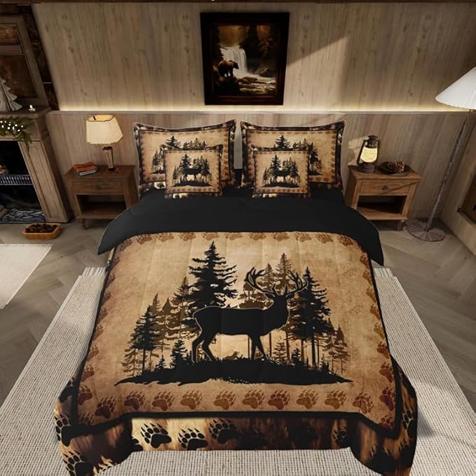 Feelyou Cute Deer Comforter Set with Sheets 7 Piece Full Size for Girls Boys Kids Deer Hunting Bed in a Bag Room Decorative Bear Paw Print Tree Pattern Bedding Set Exotic Style Brown Bed Set