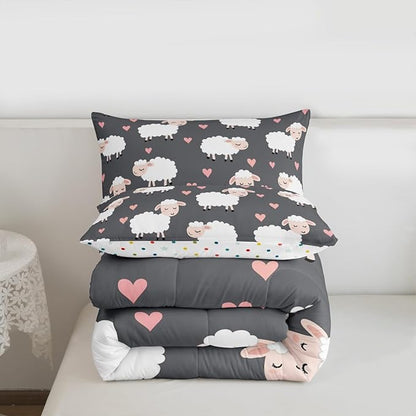 Cartoon Sheep Kids Comforter Set,Cute White Farm Animals Bedding Set for Boys Girls Teens,Romantic Pink Hearts Decor Graffiti Comforter Duvet Set with 2 Pillowcases Full Size 3 Pcs