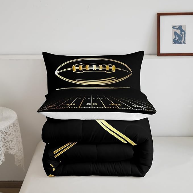 Feelyou Football Bedding Set Toddler Kids Rugby Sports Comforter Set American Football Comforter Set for Boys Golden Black Room Decor Lightweight Quilt Set with 1 Pillow Case