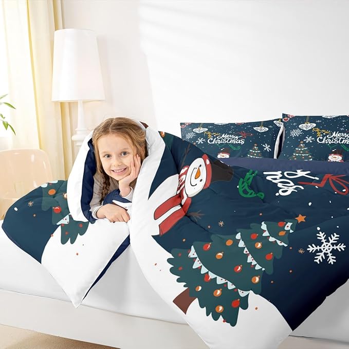 Erosebridal Snowflake Comforter Set for Kids Boys Girls,Cartoon Snowman Bedding King,Merry Christmas Comforter Sets,Winter Xmas Tree Stars Duvet Insert with 2 Pillowcases
