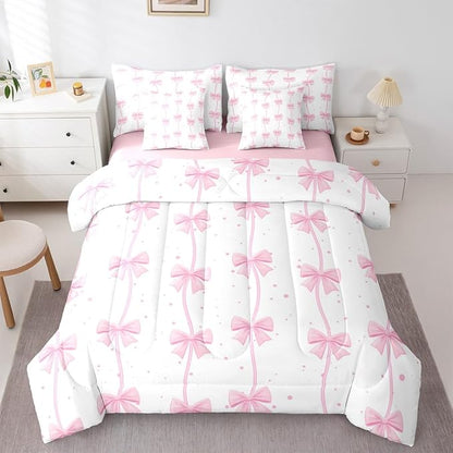 Feelyou Pink Bow 7 Piece Bedding Set Pretty Bowknot Comforter Set with Sheets for Kids Boys Girls Pink White Bed in a Bag Cute Wave Dot Bed Set Soft Lightweight