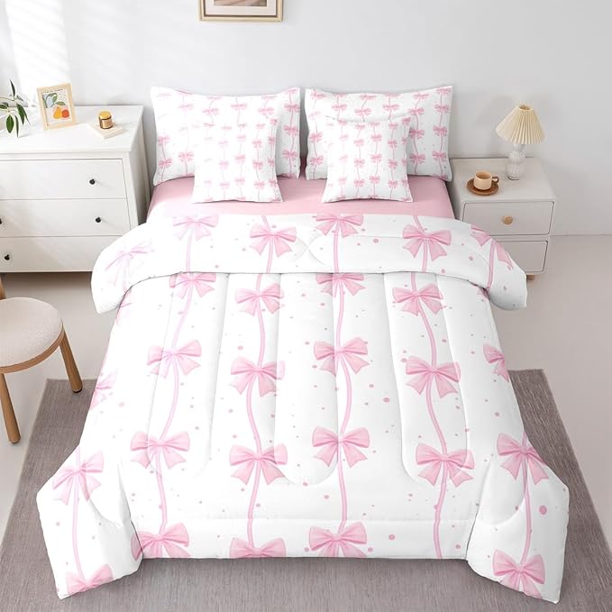 Feelyou Pink Bow 7 Piece Bedding Set Pretty Bowknot Comforter Set with Sheets for Kids Boys Girls Pink White Bed in a Bag Cute Wave Dot Bed Set Soft Lightweight