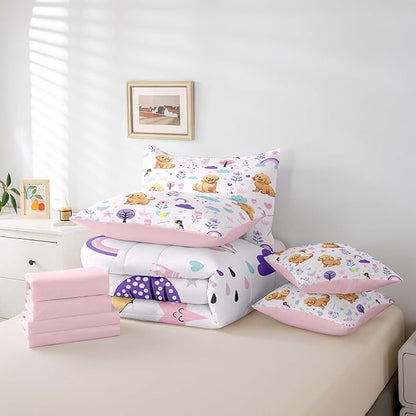 Erosebridal 7 Pieces Bed in a Bag Full Bedding Set with Sheets,Floral Golden Retriever Comforter Sets for All Season,1 Comforter, 2 Cushion Covers, 1 Flat Sheet, 1 Fitted Sheet, 2 Pillowcases