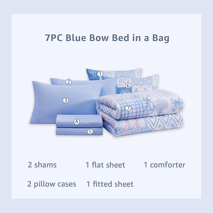 Full Size Comforter Set for Girls, Cute Blue Bow Bedding 7 Pieces Kids Bed Set, All Season Bed in a Bag with Sheets, Pillowcases & Shams