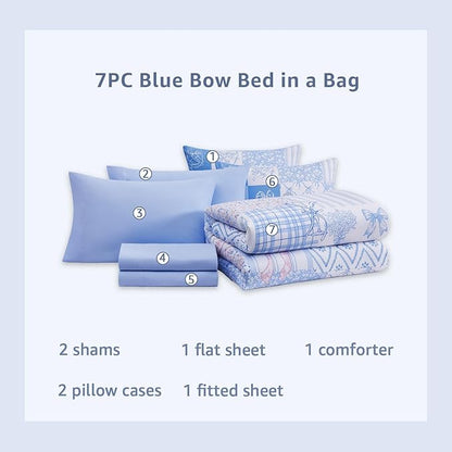 Full Size Comforter Set for Girls, Cute Blue Bow Bedding 7 Pieces Kids Bed Set, All Season Bed in a Bag with Sheets, Pillowcases & Shams