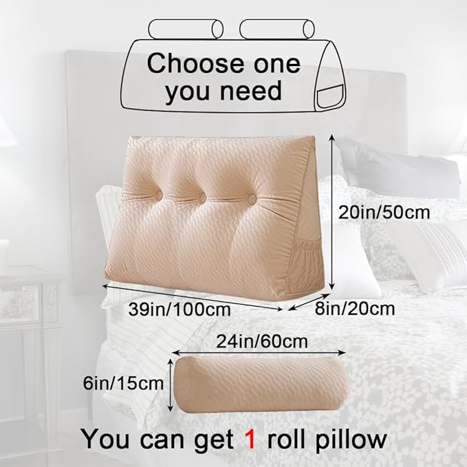 Velvet Triangular Headboard Wedge Pillow With Roll Pillow,Removable Cover Headboard Pillow Daybed Bunk Bed,Backrest Positioning Support Pillow Resting Reading Relaxing (Beige, Twin(39 * 20 * 8in))