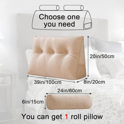 Velvet Triangular Headboard Wedge Pillow With Roll Pillow,Removable Cover Headboard Pillow Daybed Bunk Bed,Backrest Positioning Support Pillow Resting Reading Relaxing (Beige, Twin(39 * 20 * 8in))
