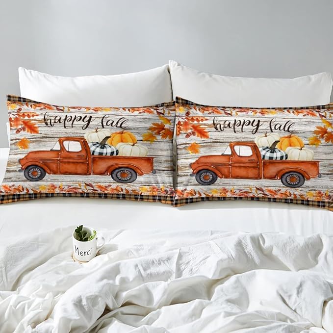 Happy Fall Pumpkin Comforter Cover,Autumn Maple Leaves Truck Print Duvet Cover for Girls Teens Bedroom Gift,Plaid and Wooden Board Comforter Cover Decorative with 2 Pillowcases, Full Size