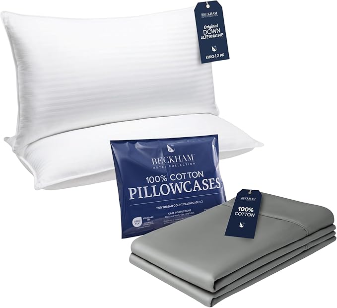 Beckham Hotel Collection Bed Pillows with Cotton Pillowcases King Size Sets of 2, Soft Down Alternative Pillows for Sleeping, Open End Cases for Easy Changing, Dark Gray