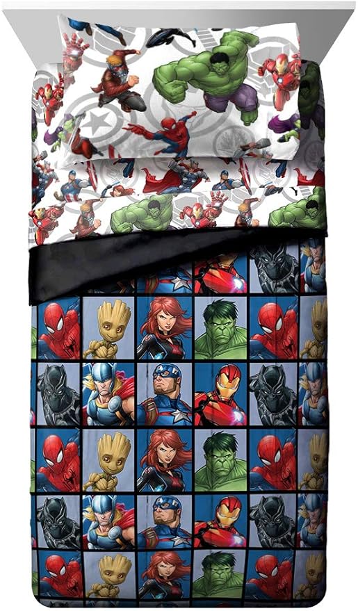 Marvel Avengers Team 4 Piece Twin Bed Set - Includes Reversible Comforter & Sheet Set - Super Soft Fade Resistant Polyester - (Official Marvel Product)