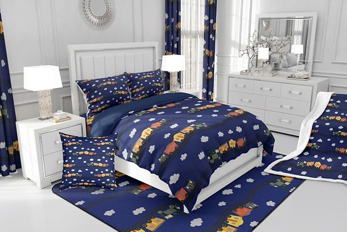 Erosebridal Cartoon Train Bedding Sets Navy Locomotive Train Comforter Set King,Smoking Steam Engine Down Comforter for Kids Toddler Cute Clouds Transportation Cars Duvet Insert 3 Pieces
