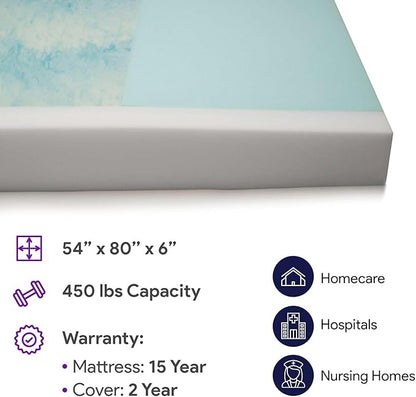 Memory Foam Hospital Bed Mattress - Gel Infused Pressure Redistribution - Ultra Breathable Treatment - Sloped Heel Hospital Bed Mattresses - Fluid Resistant Nylon Cover - 54" x 80" x 6"