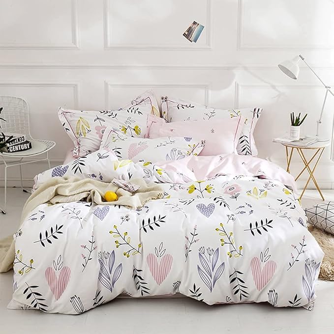 BuLuTu Floral Love Print Girls Duvet Cover Full Size White/Pink Cotton Premium Blossom Kawaii Reversible Kids Bedroom Comforter Cover Bedding Sets for Toddler,Teen,Breathable,Lightweight,Zipper