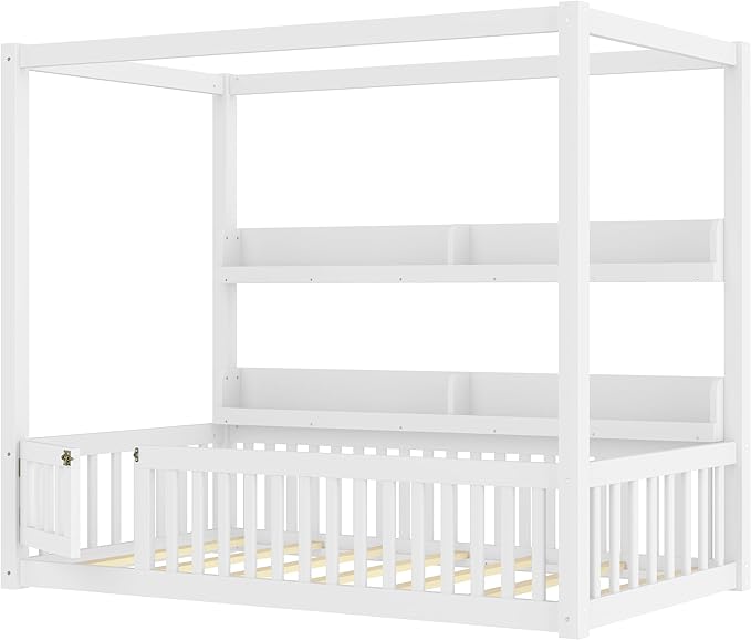 CZBZ Twin Size Canopy Floor Bed with Guardrails and Built-in Shelves, Solid Wood Montessori-Inspired Low Bed Frame, White