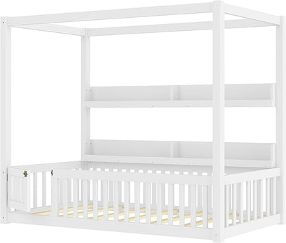 CZBZ Twin Size Canopy Floor Bed with Guardrails and Built-in Shelves, Solid Wood Montessori-Inspired Low Bed Frame, White