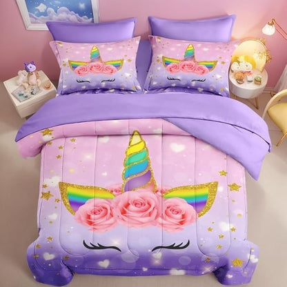 Queen Size Comforter Set with 2 Pillowcases & 2 Shams, Cute Cartoon Unicorn 7 Pcs Bedding for Kids and Teens, Rainbow Horse Flowers Bed in a Bag with Flat Fitted Sheet