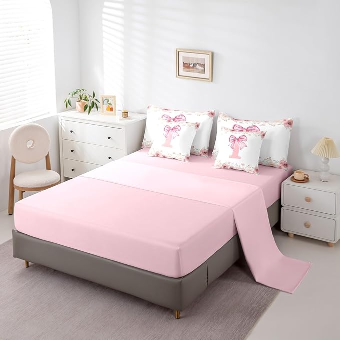 Erosebridal Initial Letter I Bed in A Bag for Girls Kids Young Woman, Cute Pink Bow Tie Bowknot Bedding Sets Flower Floral Dreamy Princess Style Comforter Set with Sheets King Size 7 Pieces