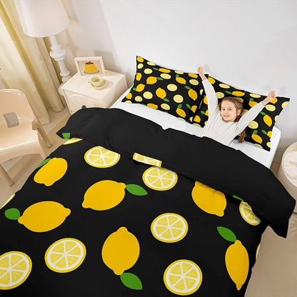 Lemon Bedding Set Queen,Tropical Fruit Leaves Duvet Cover Set 3pcs for Kids Teens Boys Girls Room Decor,Botanical Natural Comforter Cover Bright Yellow and Black Quilt Cover with 2 Pillowcases