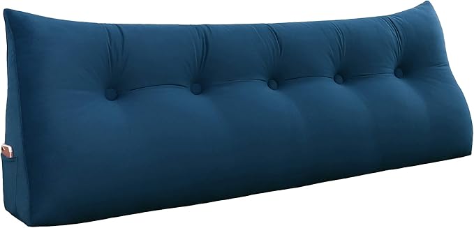 WOWMAX 100% Cotton Velvet Headboard Pillow – Queen Size Wedge Back Support Reading Bolster for Bed & Daybed, Handmade Firm Support Cushion with Removable Cover, Soft Luxury Bed Rest Pillow, Deep Blue