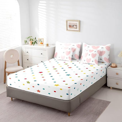 Feelyou Girls Cute Love Heart Comforter Set with Sheets 7 Piece Full Size Kids Lovely Warm Sweet Bed in a Bag Star Love Heart Pattern Bedding Set Breathable Romantic Pink Grey Bed Set Room Decor