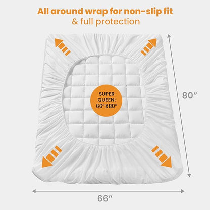 MATBEBY Olympic Super Queen Size Mattress Pad - Cooling Breathable Mattress Topper, Quilted Fitted Mattress Protector, Pillow Top Mattress Cover with 8-21" Deep Pocket, Soft, Machine Washable, White