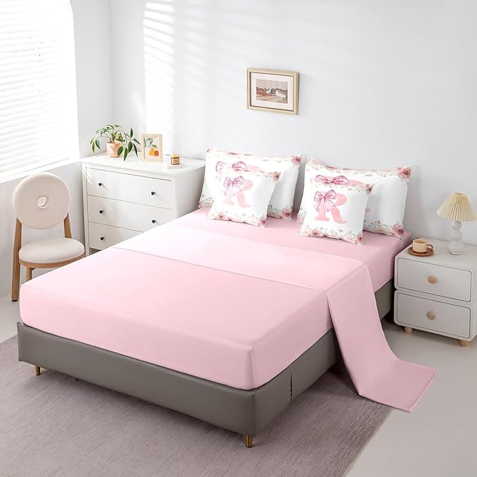 Erosebridal Bowknot Queen Bedding Sets for Girls,Initial Letter R Bed in A Bag for Kids Teen Women, Pink Floral Monogrammed Bed Set Bedroom Decor Dreamy Princess Bow Comforter Set with Sheets